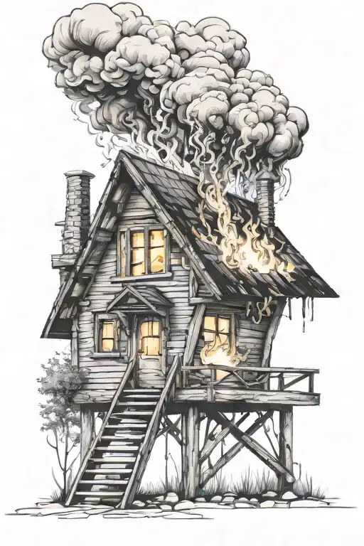 Simplistic A-frame Wooden House Engulfed In Fire At Night