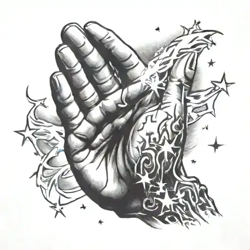 Praying Hands With Fire And Light Rays Graffiti Sky And Stars