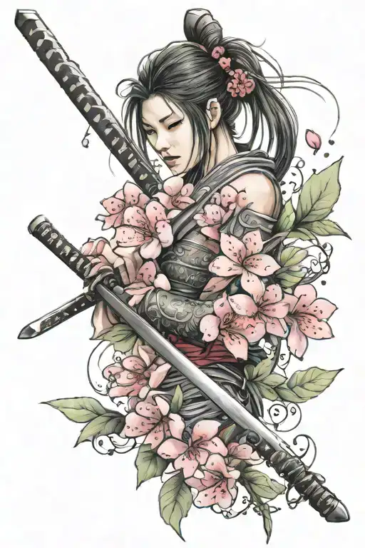 Katana Et Sakura Flowers Intertwined