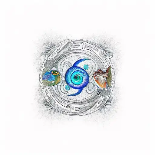 A Realistic Quetzalcoatl Flying Over A Serene Landscape Of Fish Swimming In A Yin And Yang Pattern