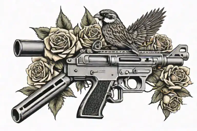 A Sparrow Flying While Holding An Ar15 Rifle In Its Claws With 3 Roses As The Background