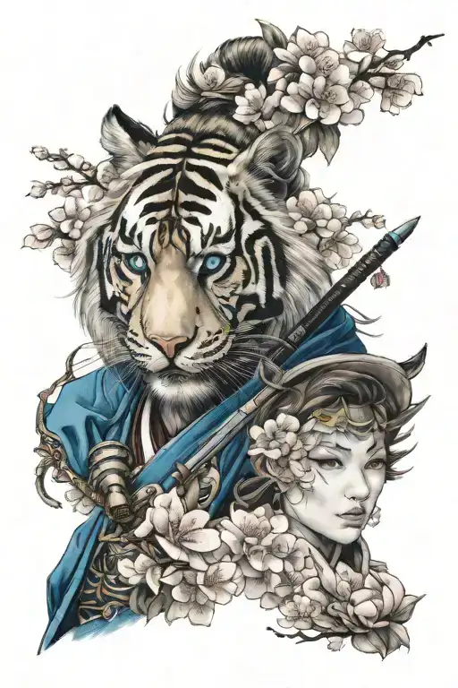 Blue-eyed Tiger And Samurai Woman Cherry Blossoms