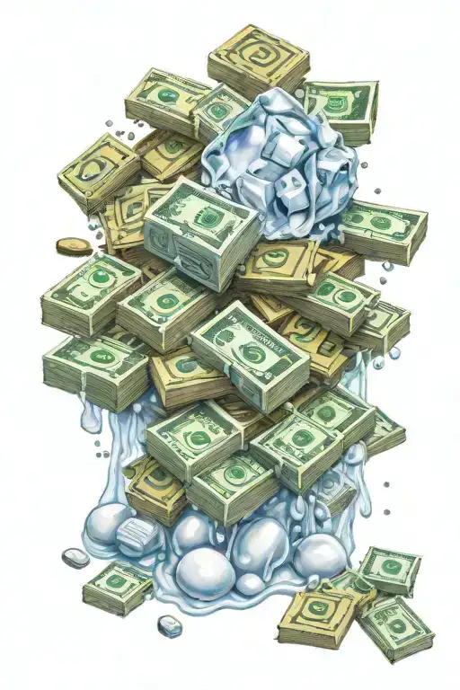 A Frosty Ice Cube Melting Into A Pile Of Money And Prescription Pills