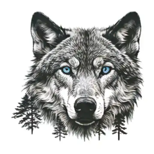 Mean Looking Wolf In Black And White With Blue Eyes With Tree Line Behind