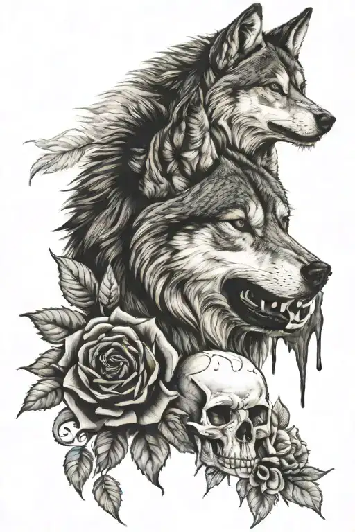 Wolf And Skull And Roses