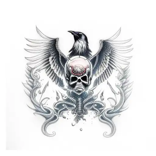 Death Surrounded By A Black Raven And Blue Eyed Wolf