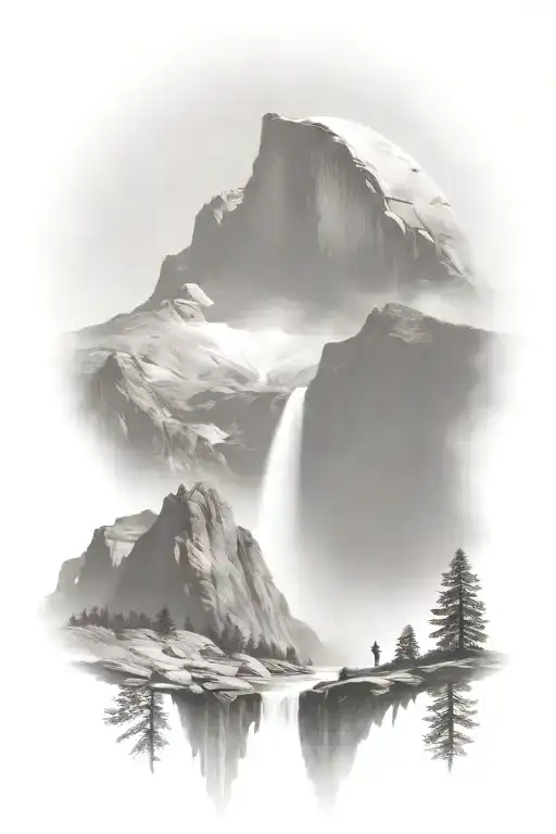 Half Dome Below Mt Whitney With Waterfall And A Trail Leading Up The Middle