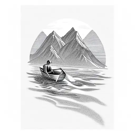 Man Sitting In Boat With Mountains In The Background