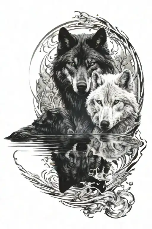 White Wolf And Black Wolf Looking Into Water Reflection