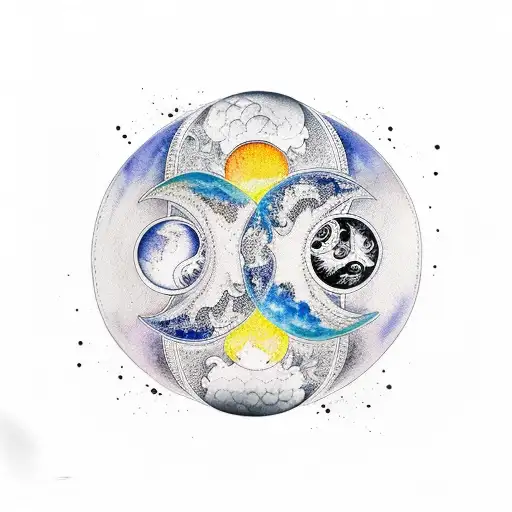 Yin And Yang Print For A Forearm Tattoo Sleeve Combined With Watercolor Sun And Moon