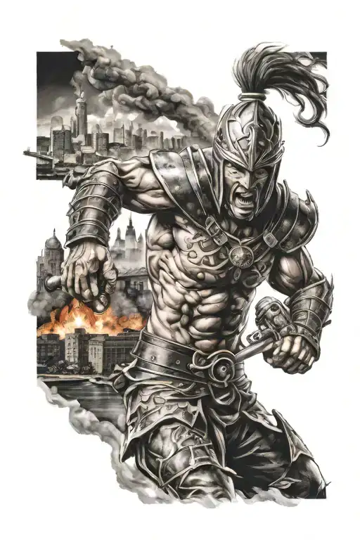 Angry Warrior Battling Fire And City In Background
