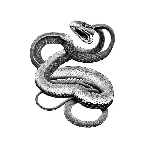 Snake Coiled Around Forearm With Mouth Open In Elbow Crease