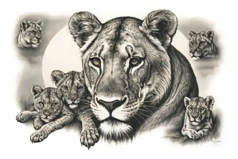 Lioness Protecting Her Cubs Full Moon