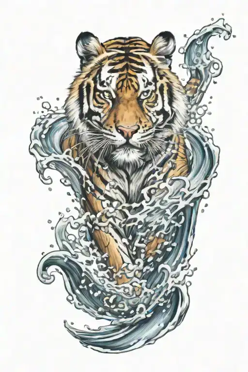 Tiger Walking In Water Waves Crashing In The Background Looking