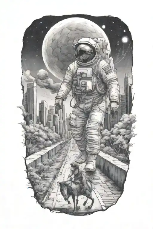 Astronaut On Horse Walking Down Road In Overgrown Metropolis Crumbling Skyscrapers Under Cosmic Sky