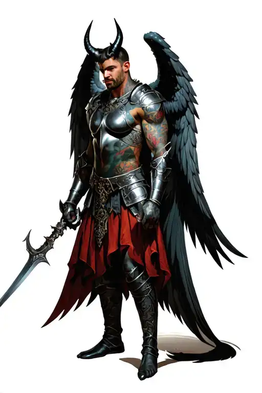 A Whole Man With Armor With Angel Wings And Demo Horns And Tail Of Demon And Angeline Aureole