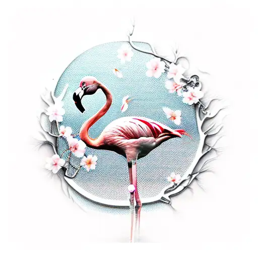 A Graceful Flamingo Surrounded By Falling Sakura Petals