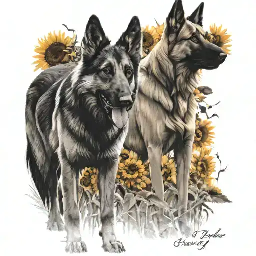 A Majestic Horse And German Shepherd Standing Together In A Field Of Sunflowers