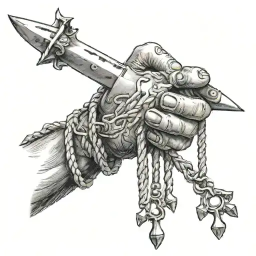 Hand Holding A Thin Rope With A Sword Of Damocles Hanging From It