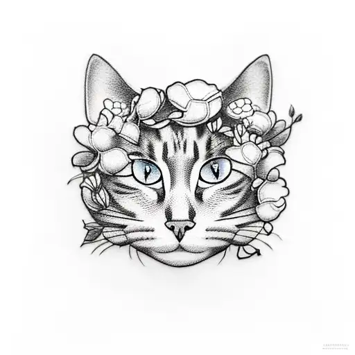 A Blackwork Tattoo Of A Cat Curled Up Among A Bed Of Flowers