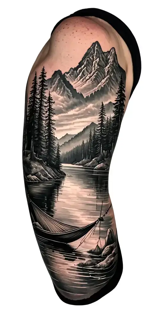A Black An Grey Tattoo Of A River Mountain Hammock Forest Lake