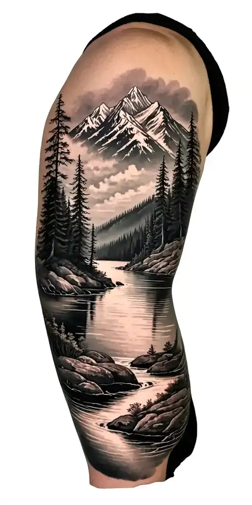 A Black An Grey Tattoo Of A River Mountain Forest Lake