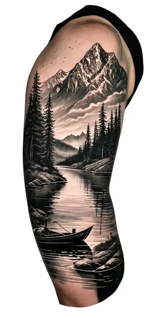 A Black An Grey Tattoo Of A River Mountain Forest Lake Boat