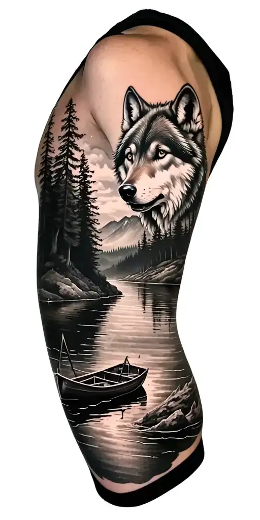 A Black An Grey Tattoo Of A River Mountain Forest Lake Boat Wolf