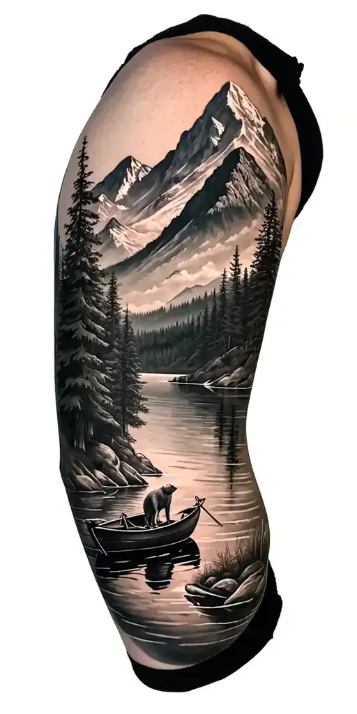 A Black An Grey Tattoo Of A River Mountain Bear Forest Lake Boat Wolf