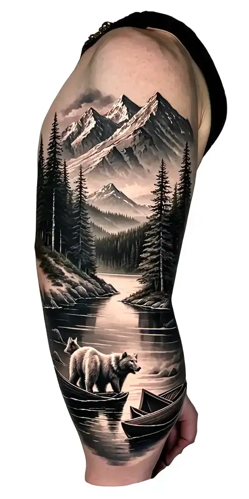 A Black An Grey Tattoo Of A River Mountain A Bear A Wolf And A Forest With A Boat In The River