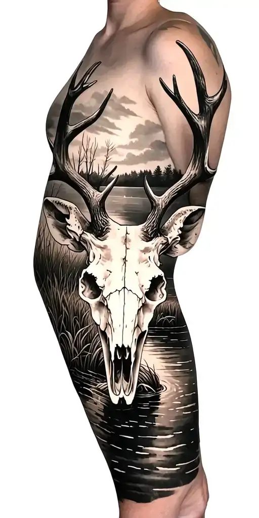 Black And Grey Full Sleeve Tattpp Of A Deer Skull On The Shore Of A River That Flows Through A Marsh