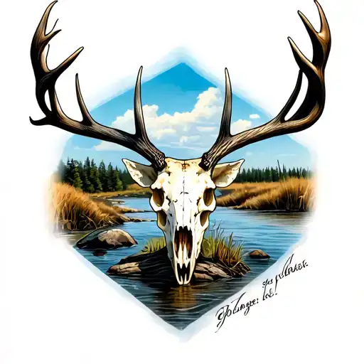Deer Skull On The Shore Of A River That Flows Through A Marsh