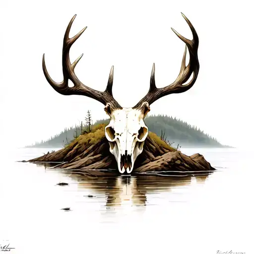 Deer Skull Partially Burried In The Shore Of A River