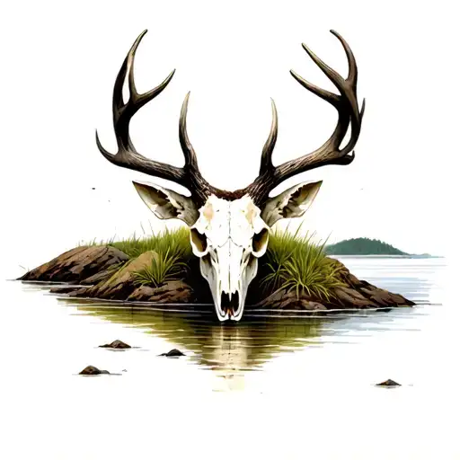 Deer Skull Partially Burried In The Shore Of A River