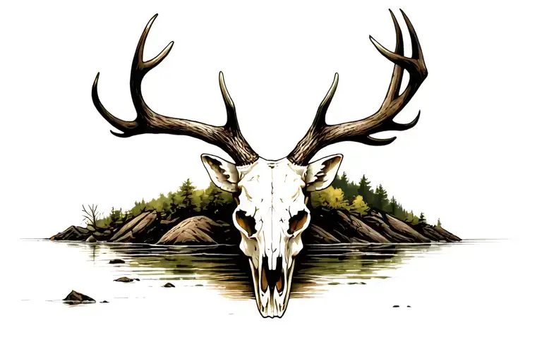 Deer Skull Partially Burried In The Shore Of A River