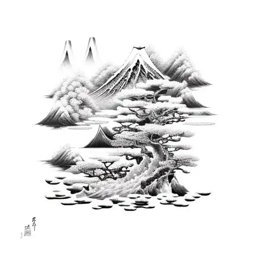 A Serene Landscape Of Mountains And Water Inspired By Japan In A Black-grey Style