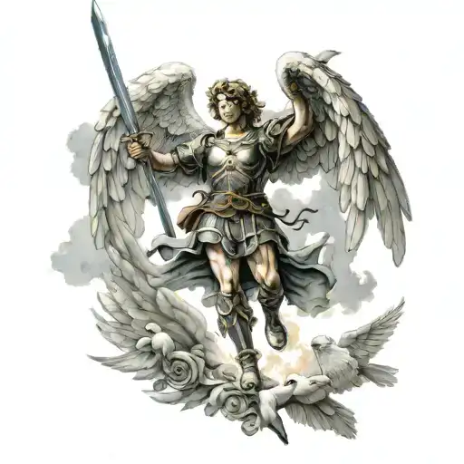Archangel Michael Flies Up With A Sword Against The Background Of The Sky And Doves