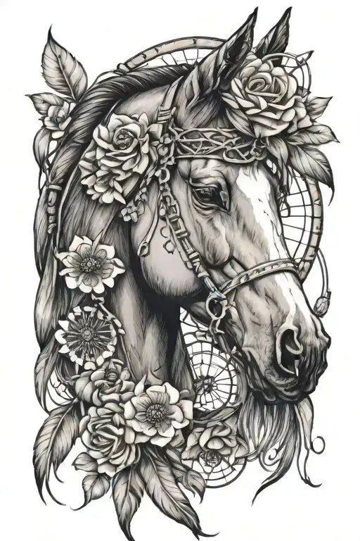 Horse Head Inside Dreamcatcher With Flowers Intertwined