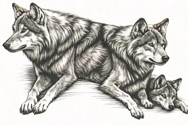 Realistic Wolf Lying Down With 2 Pups