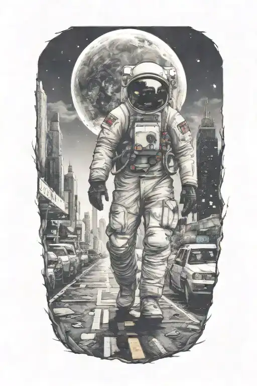 Astronaut Walking Down Road In Overgrown Metropolis Crumbling Skyscrapers Under Cosmic Sky