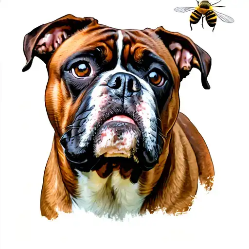 Boxer Dog Looking Up At Sky With A Bee Flying Around It's Head