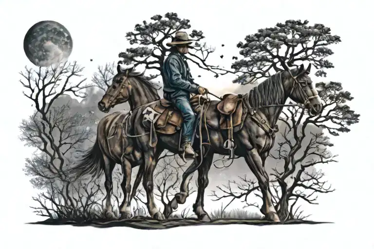 Cowboy And Horse Under A Tree With Roots And Starry Night