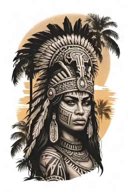 Aztec Warrior Woman With Sunset And Palm Trees In Background