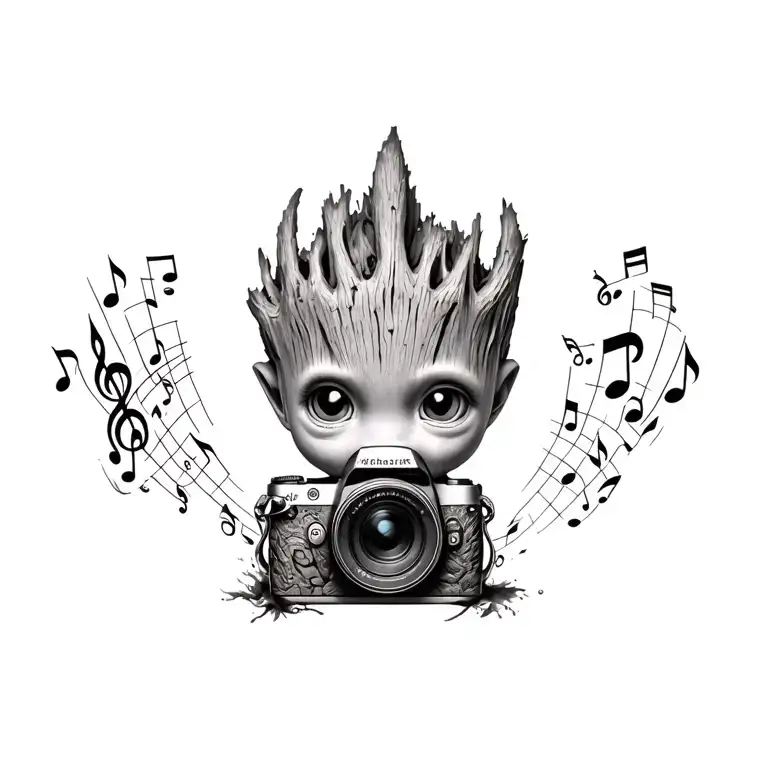 Baby Groot And Camera Surrounded My Music Notes