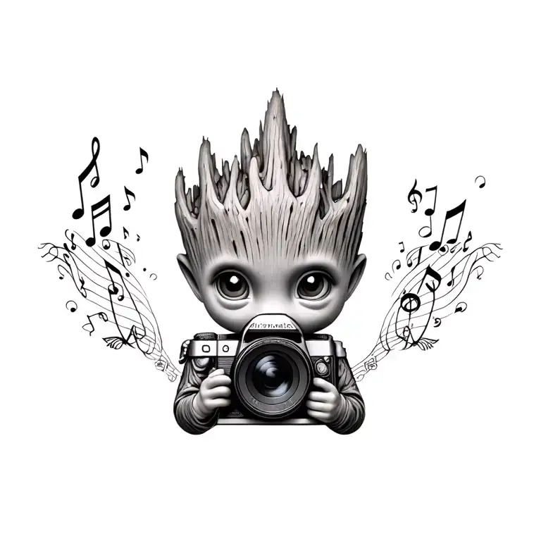 Baby Groot And Camera Surrounded My Music Notes