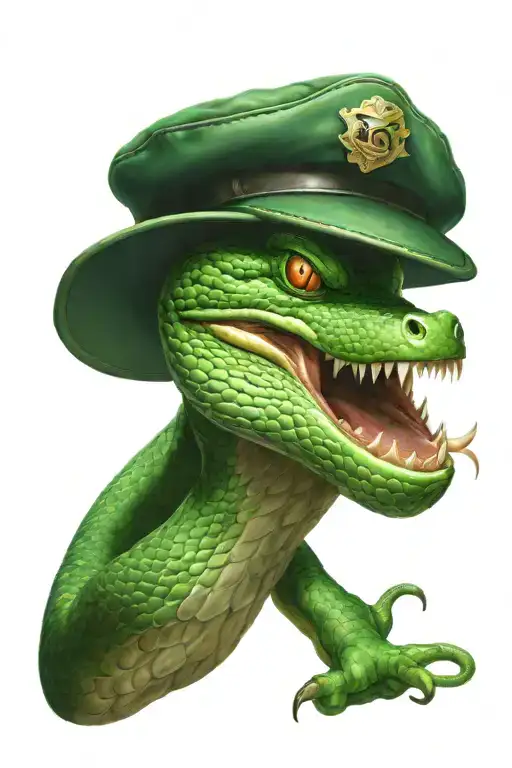 Green Snake With Mouth Wide Open And Wearing A Cap