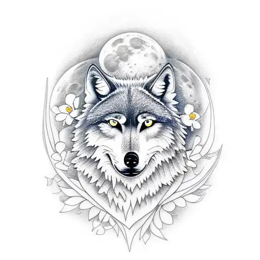 Moon And Wolf And Flowers
