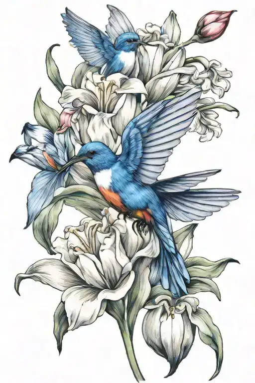 Humming Bird Lilly Flower Tulip And Blue Bird Flying