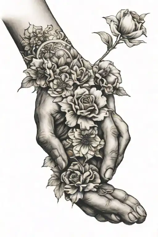 Dog Paw With Human Hand And Flowers Intertwined