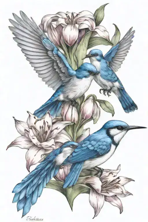 Humming Bird With A Blue Jay With Lilly Flower And Tulips